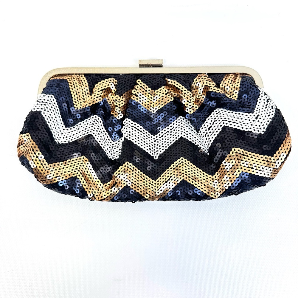 Lulu Townsend chevron sequined clutch w silver chain. Black white navy & bronze - Picture 3 of 11